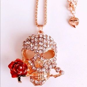 Crystal studded skeleton with rose necklace Betsey Johnson 
Halloween